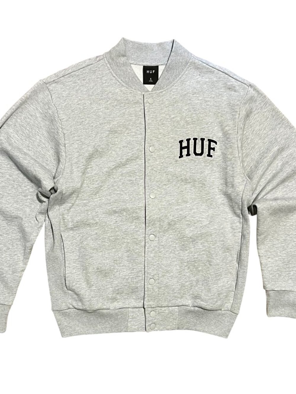 HUF Y2K Gray Snap Button Up Streetwear Skate Varsity Jacket, Men's Small